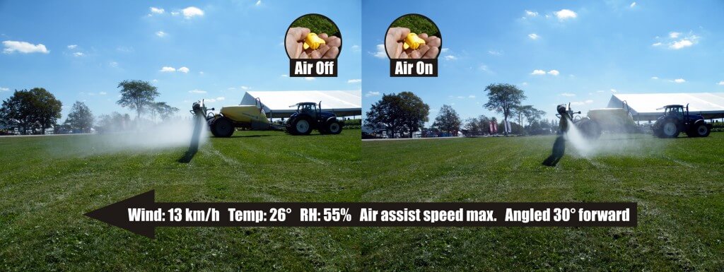 Figure 4 – The effect of air-assist on downwind drift from a medium-fine spray quality. Note that the nozzles and air are directed 30° forward. When sprayed over bare ground, the air-assist bounces spray back up, as pictured here. However, when sprayed into a canopy with the correct air settings, bounce (and drift) is virtually eliminated. 