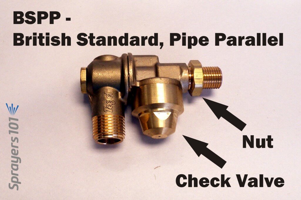 British Standard, Pipe Parallel (BSPP) single-sided, brass roll-over nozzle body with a check valve.