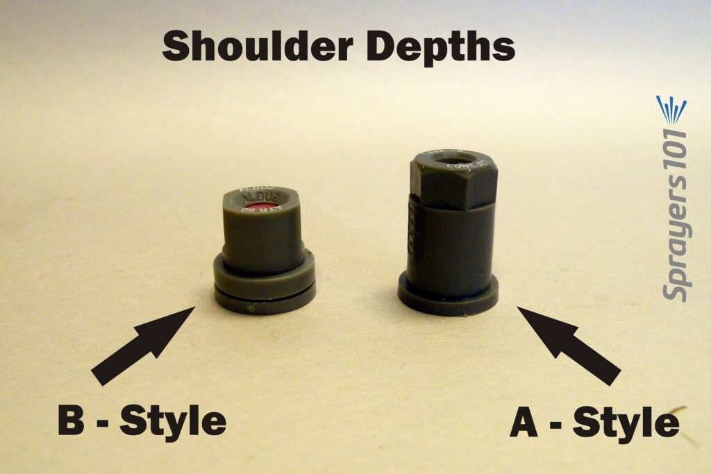 Moulded hollow cone nozzles come in the thin shoulder (A-style) or thick shoulder (B-style) varieties. The B-style is the ISO standard and is preferred.