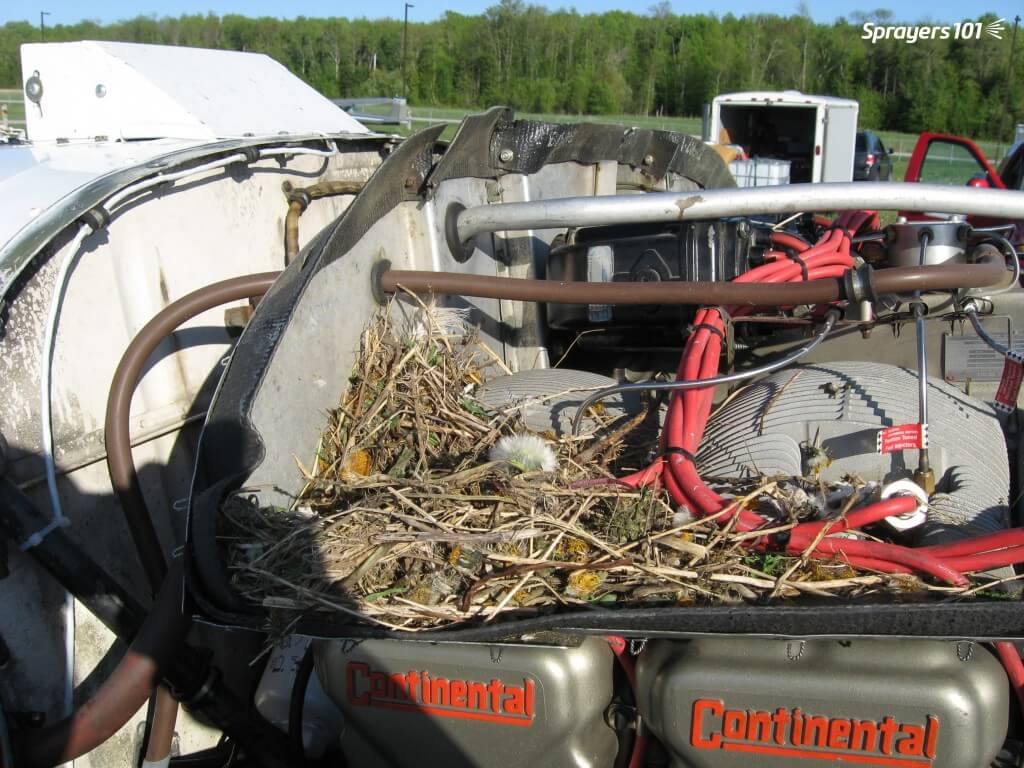 This spray plane was left on the runway with the engine exposed for less than four hours. When the owners returned they found a precocious bird had built a nest. Perform regular sprayer inspections – you never know what you’ll find! Photo Credit – S. Richard, New Brunswick.