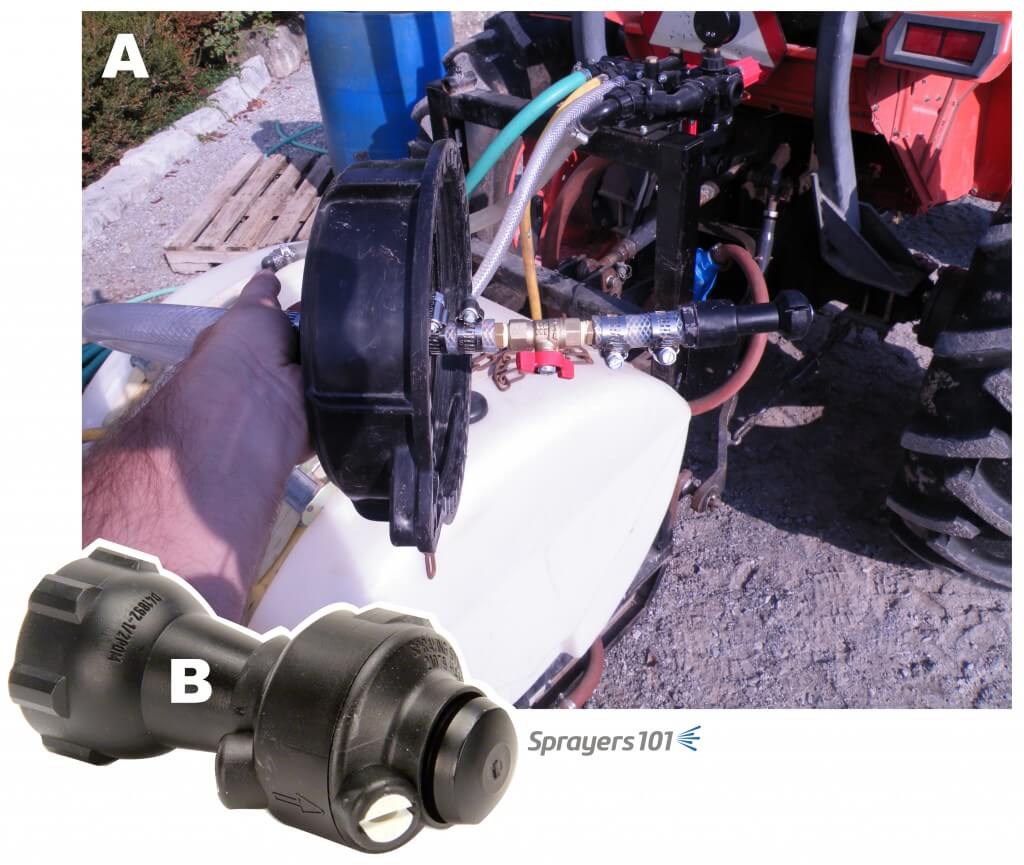 (A) Tank-rinse assembly mounted through tank lid with a flow-regulating valve. (B) Close up of tank-rinse nozzle.